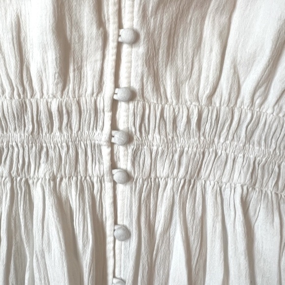 Faherty Colette Organic Cotton Blouse Button Up Smocked Ruffles White Sz L - Picture 11 of 16